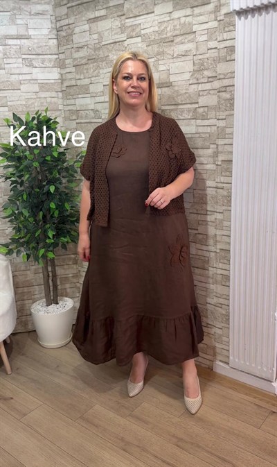 1163 ÖRGÜ BOLEROLU KETEN ELBİSE-KAHVERENGİ