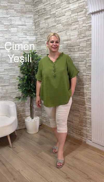 1164 ŞALAŞ KALIP MÜSLİN BLUZ-.ÇİMEN YEŞİLİ