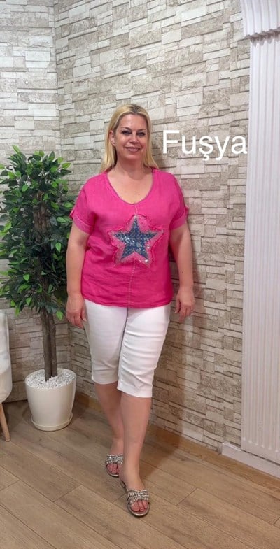 1170 İTALYAN TAŞLI YILDIZLI KETEN BLUZ-FUŞYA