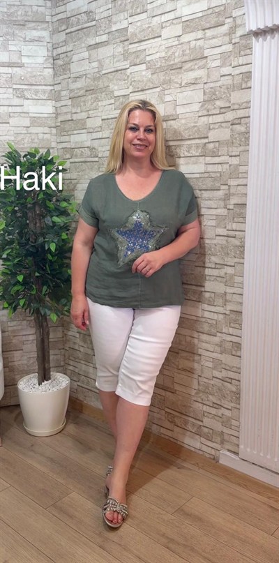 1170 İTALYAN TAŞLI YILDIZLI KETEN BLUZ-HAKİ