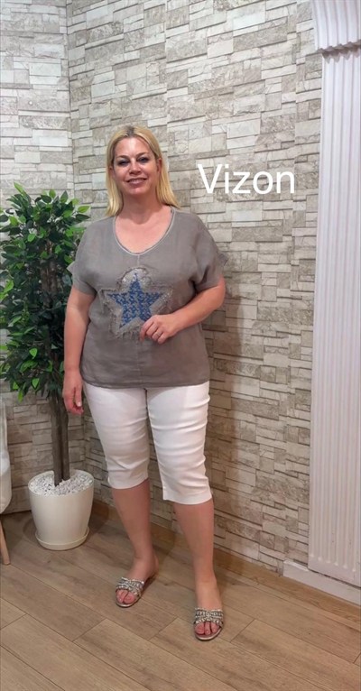 1170 İTALYAN TAŞLI YILDIZLI KETEN BLUZ-VİZON