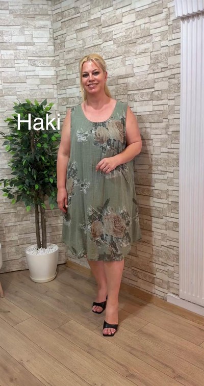 1178 İTALYAN PAMUK KOLSUZ ELBİSE-HAKİ