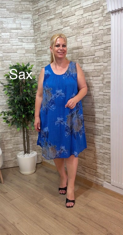 1178 İTALYAN PAMUK KOLSUZ ELBİSE-SAX MAVİ