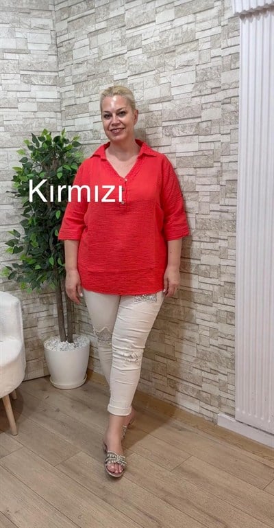1182 TRUVAKAR KOL MÜSLİN BLUZ-KIRMIZI