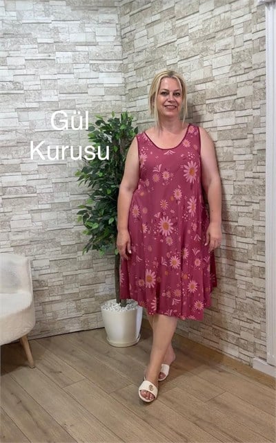 1223 İTALYAN KOLSUZ VİSKON ELBİSE-GÜL KURUSU