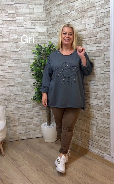 1289 İTALYAN PAPATYA-PUL PAYET DETAYLI SWEAT-GRİ