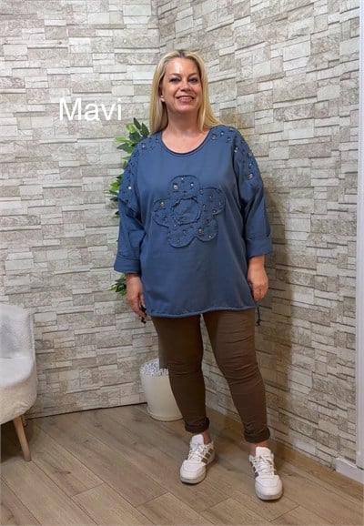 1289 İTALYAN PAPATYA-PUL PAYET DETAYLI SWEAT-MAVİ