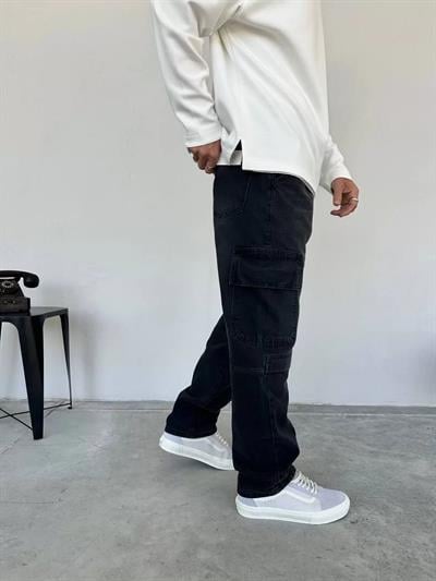 Antrasitt Şerit Kargo Cep Baggy Pantolon