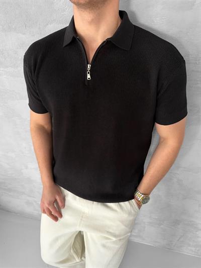 Siyah Fermuar Yaka Triko Tshirt