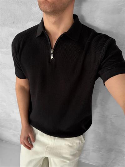 Siyah Fermuar Yaka Triko Tshirt