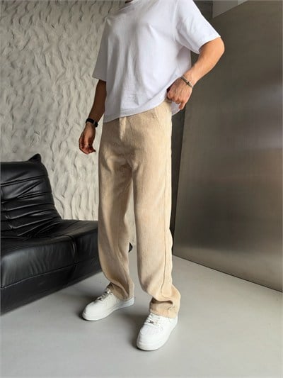 BEJ REGULAR KALIP KADİFE PANTOLON