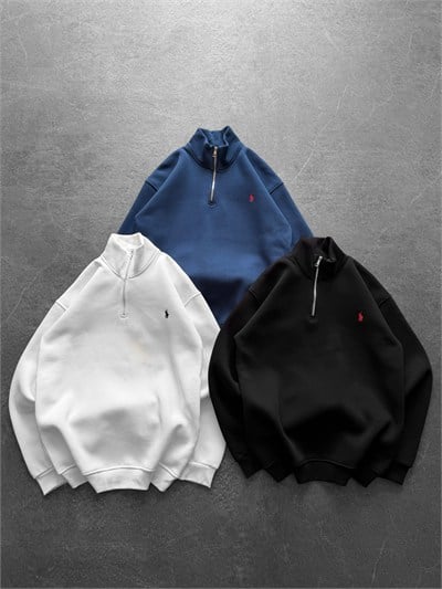 BEYAZ YARIM FERMUARLI POLO SWEAT