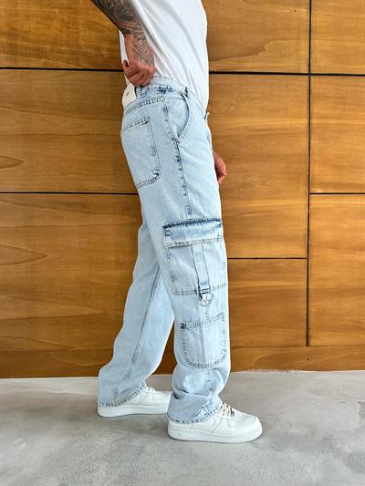 Buz Mavi Çift Kargo Cep Baggy Pantolon