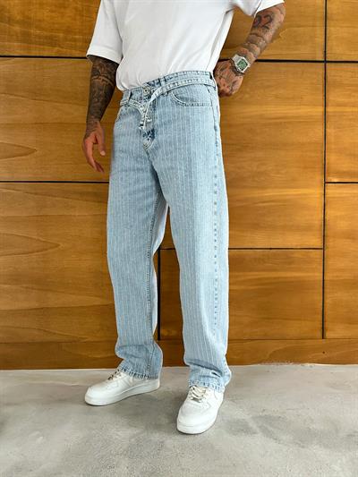 Buz Mavi Çizgi Baggy Pantolon