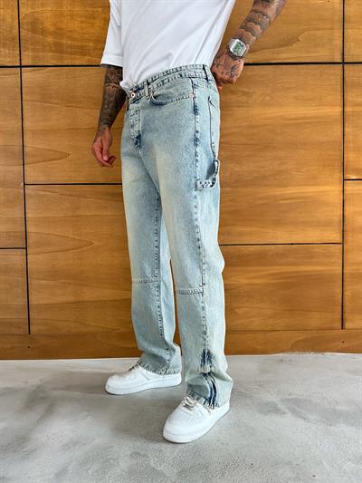 Buz Mavi Fermuarlı Baggy Pantolon