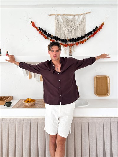 KAHVE OVERSİZE KETEN GÖMLEK