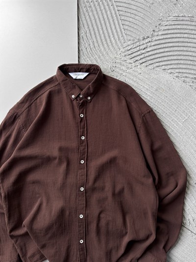 KAHVE OVERSİZE KETEN GÖMLEK