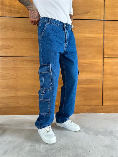 Mavi Çift Kargo Cep Baggy Pantolon
