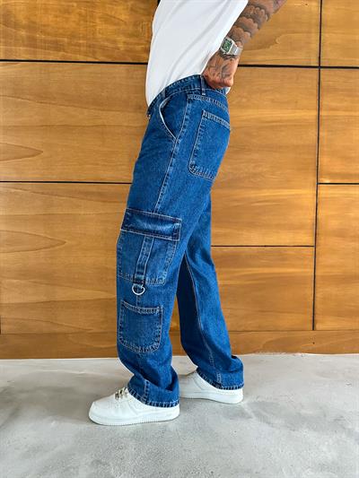 Mavi Çift Kargo Cep Baggy Pantolon