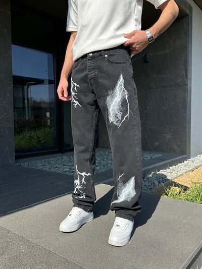 SİYAH ŞİMŞEK DESENLİ BAGGY PANTOLON