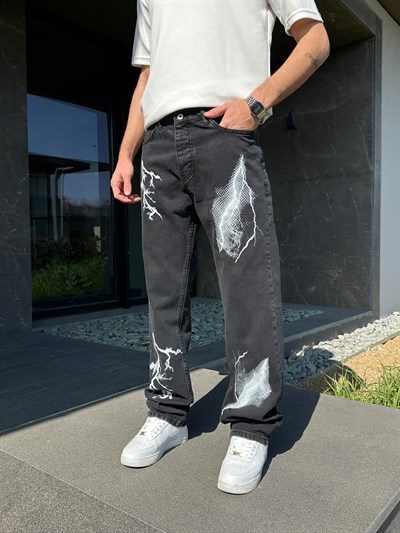 SİYAH ŞİMŞEK DESENLİ BAGGY PANTOLON