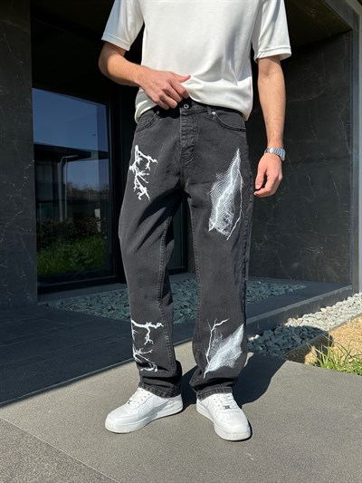 SİYAH ŞİMŞEK DESENLİ BAGGY PANTOLON