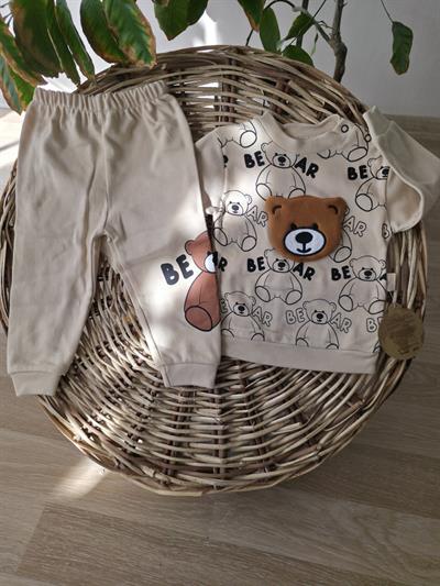 Bear Nakışlı Bej Bebek Takımı %100 Pamuk