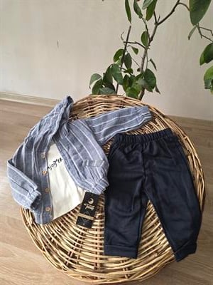 Lacivert Kapüşonlu Müslin 3’lü Bebek Kombin – Tanış Bebe