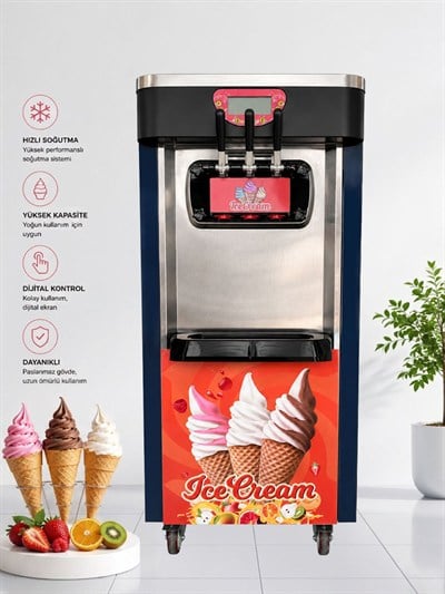 Happyicecream Üç Kollu Soft Dondurma Makinesi 16 lt HPY-0018B Tekerlekli 2+1
