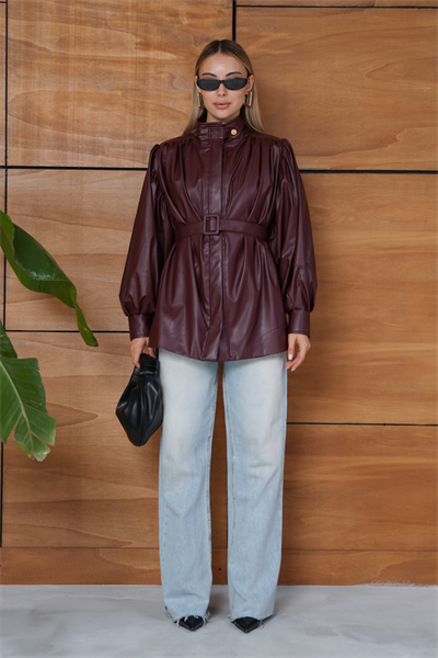 Berthe Deri Ceket - Bordo