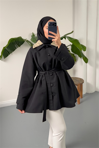 Dore Taşlı Trench - Siyah