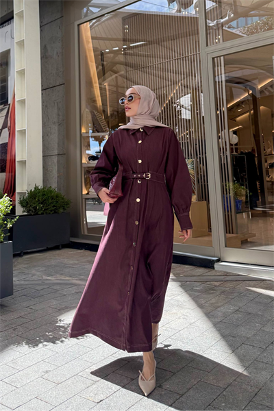 Mina Denim Elbise - Bordo