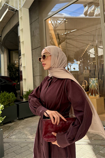 Mina Denim Elbise - Bordo