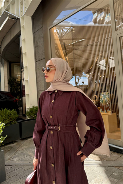 Mina Denim Elbise - Bordo
