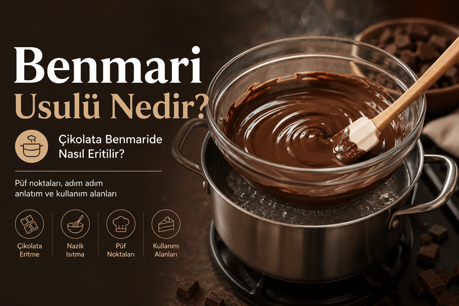 Benmari usulüyle tencere üzerindeki kâsede eritilen çikolata