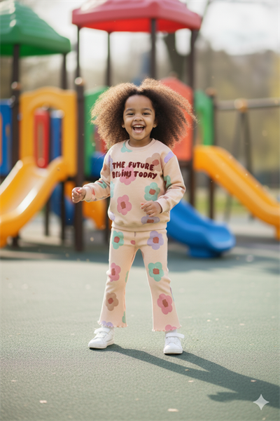  Kız Çocuk Çiçek Detaylı Fitilli Taytlı Takım