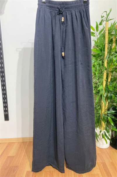 Kadın Belden Bağcıklı Bohem Geniş Paça Pantolon - Füme