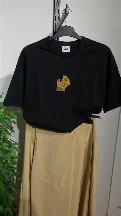 Kadın Beymen Club Stil Arma Detaylı  Siyah Tişört