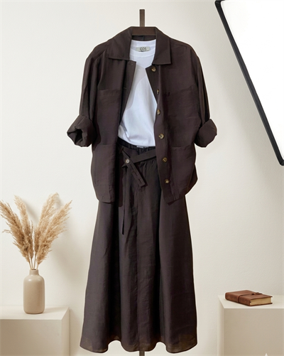 Kadın Kahverengi Modal Kumaş Dökümlü Gömlek Etek Takım