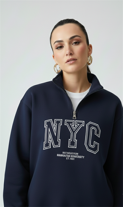 Kadın NYC Nakışlı Fermuarlı Sweatshirt - Lacivert