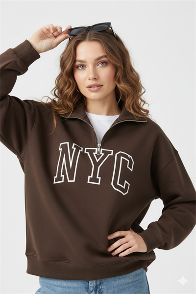 Kadın NYC Nakışlı Fermuarlı Sweatshirt - Kahve