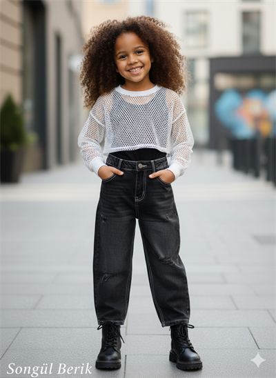 Kız Çocuk File Üst Crop Uzun Kol