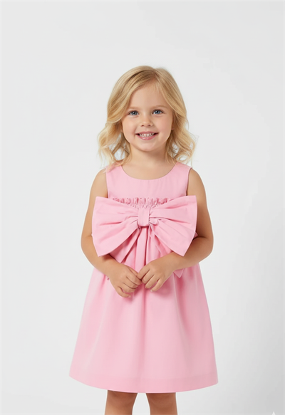 Kız Çocuk Fiyonk Detaylı Pembe Elbise