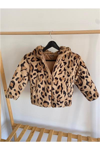 Kız Çocuk Kışlık Leopar Desenli Kapşonlu  Mont 