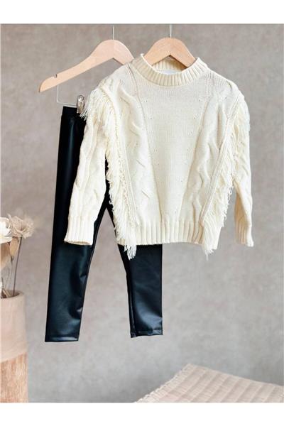 Kız Çocuk Kışlık Triko Kazak ve Deri Taytlı  Takım 