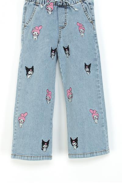 Kız Çocuk Lisanslı Nakışlı Geniş Paça (Wide Leg) Pantolon - Mavi (4-9 Yaş)