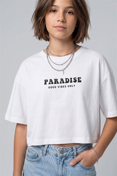 Kız Çocuk Paradise Baskılı Ekru Tişört (9-14 Yaş)