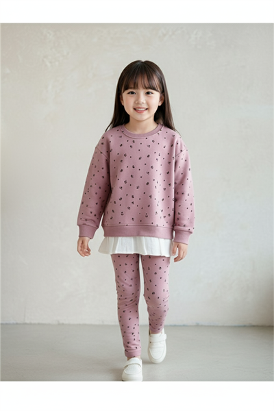 Kız Çocuk Sweatshirt ve Fitilli Taytlı Takım 