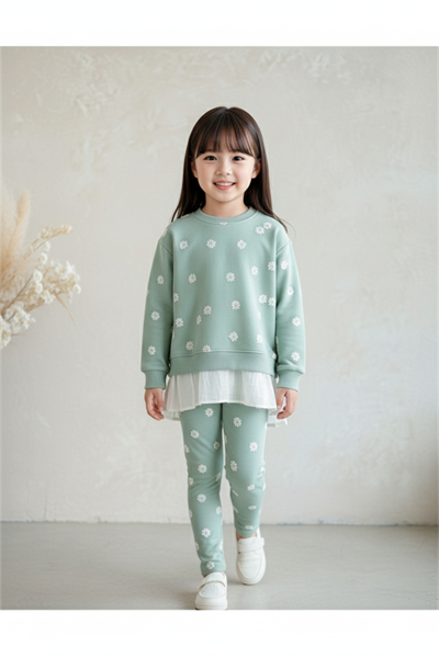 Kız Çocuk Sweatshirt ve Fitilli Taytlı Takım 
