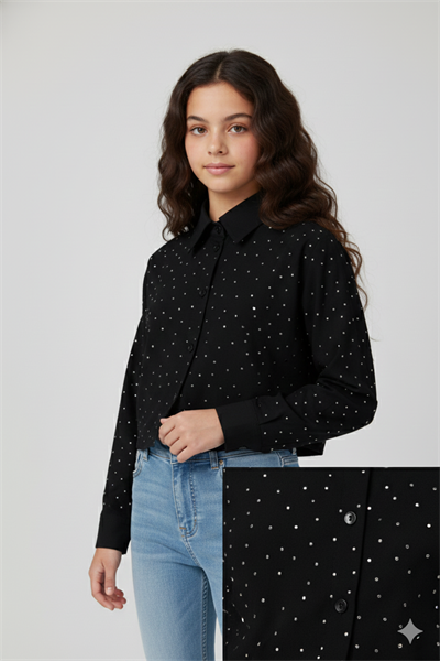 Kız Çocuk Taşlı Crop Gömlek (9-14 Yaş, Siyah)